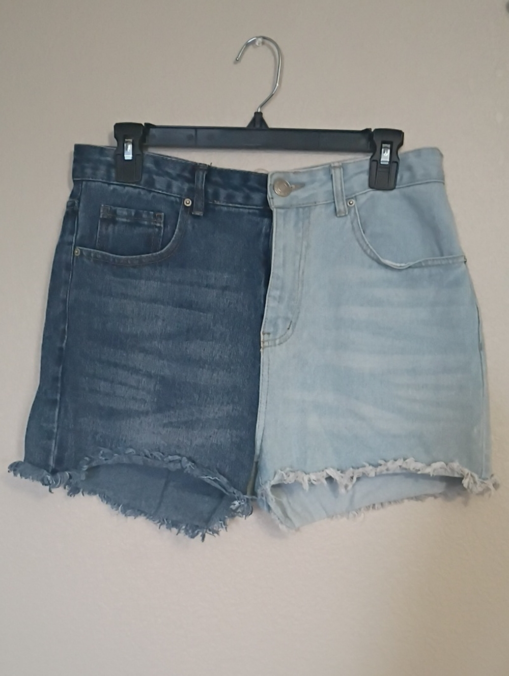 High Waist Two-Tone Denim Shorts - Light & Dark Blue